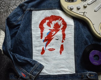 Hand-painted David Bowie Aladdin Sane Ziggy Stardust Up-cycled Denim Jacket
