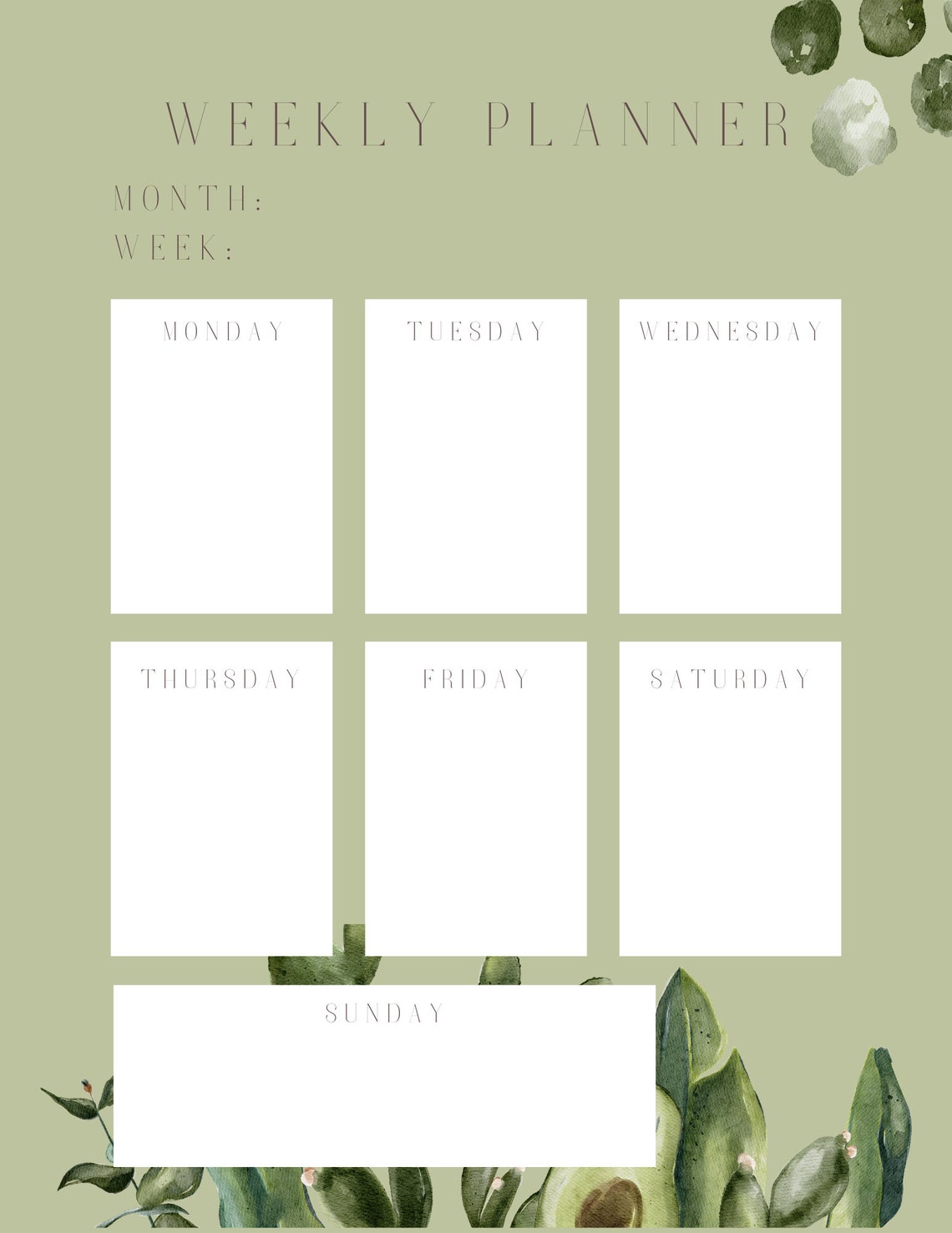 Printable Weekly Planner Green Weekly Planner Days of the - Etsy
