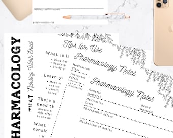 May include: Black and white printable pharmacology notes with floral accents. The notes include sections for generic name, medication class, therapeutic effect, mechanism of action, adverse effects, and nursing considerations. The notes also include tips for use and a section for what to consider when studying pharmacology.