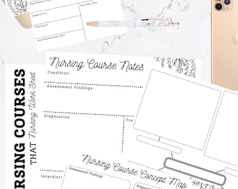 May include: Printable nursing course notes and concept map templates. The templates feature a black and white floral design and include sections for condition, assessment findings, diagnostics, treatment, nursing care, and interdisciplinary care.