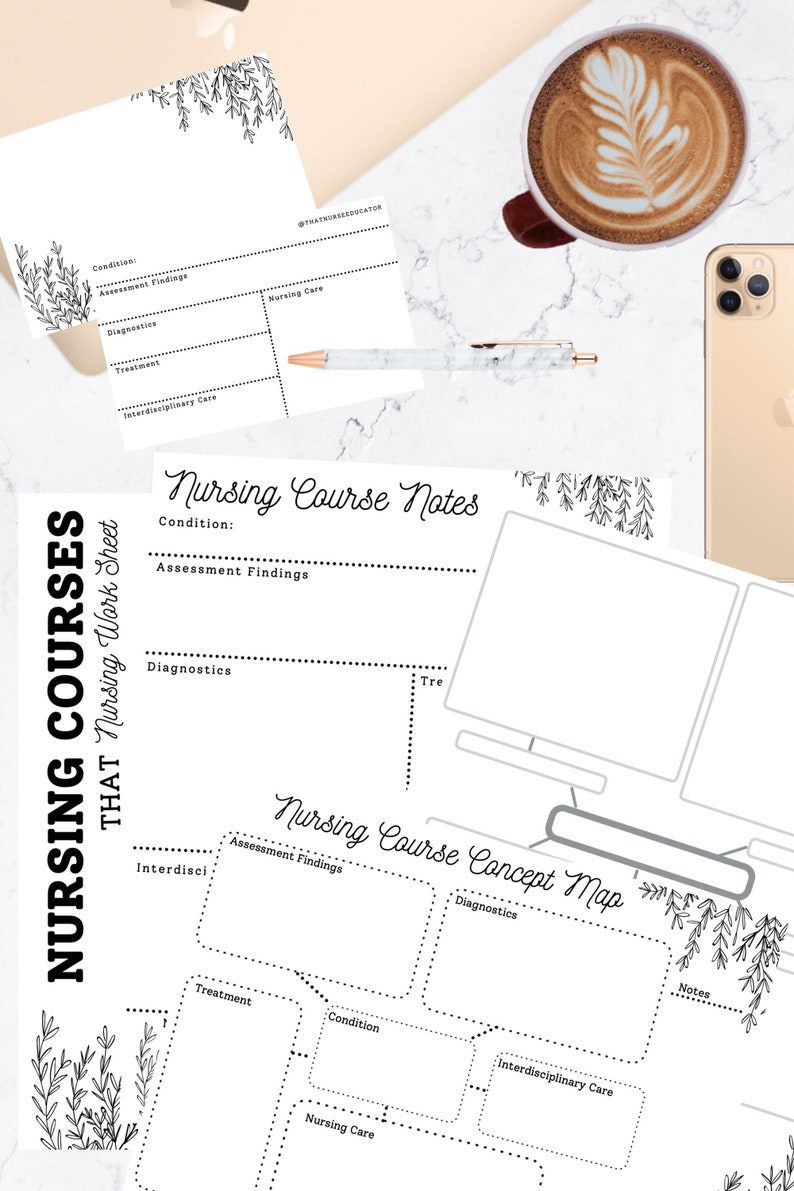 May include: Printable nursing course notes and concept map templates. The templates feature a black and white floral design and include sections for condition, assessment findings, diagnostics, treatment, nursing care, and interdisciplinary care.