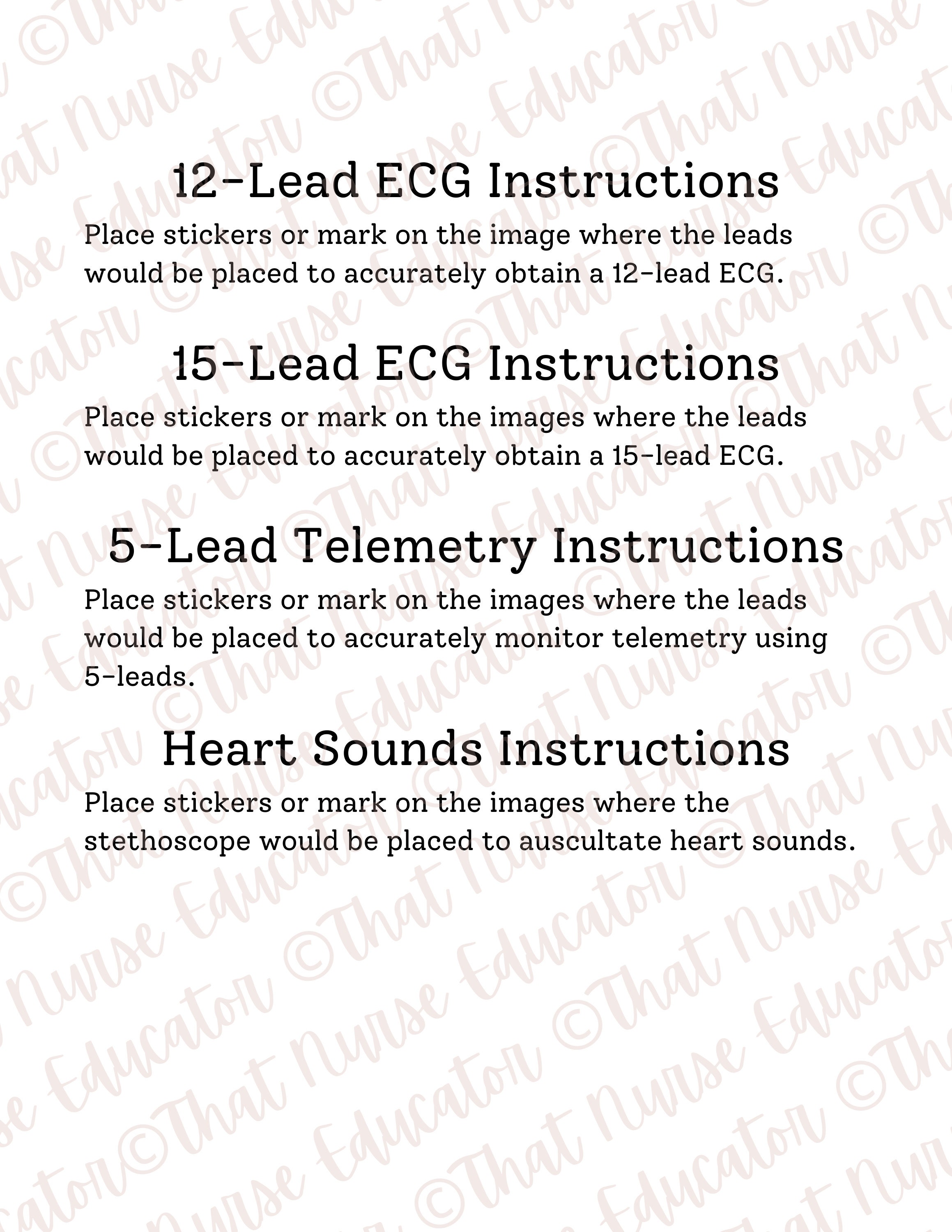 ECG Lead Placement Activity for 12-lead 15-lead and 5-lead Plus Bonus ...