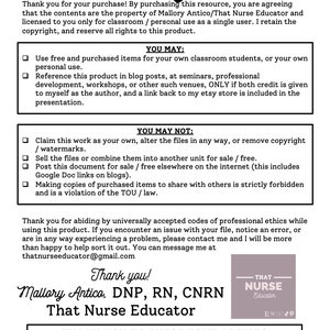 May include: A white and black text document with the title "Terms of Use" outlining the terms of use for a digital product. The document includes a list of what is permitted and prohibited when using the product. The document also includes the name "Mallory Antico, DNP, RN, CNRN" and the text "That Nurse Educator".