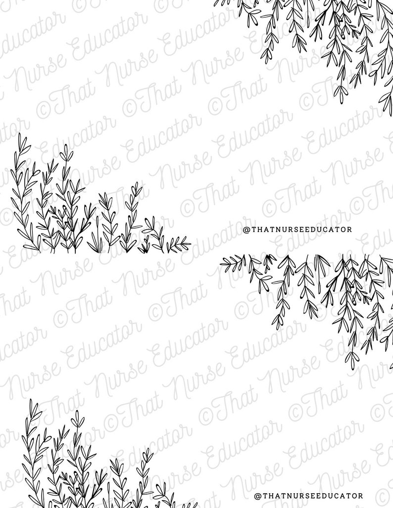 May include: Black and white line art illustration of leafy branches forming a square frame. The text "@THATNURSEEDUCATOR" appears twice in the image.