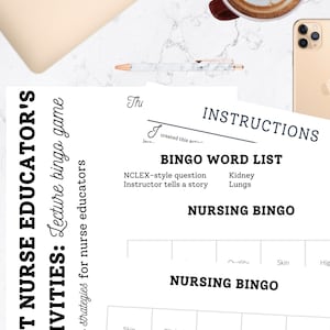 Könnte beinhalten: Eine druckbare Bingokarte für Pflegepädagogen. Die Karte hat ein 5x5-Raster mit Wörtern wie "klinisch", "Qualität", "langsam", "NCLEX-Stilfrage" und "Augen".