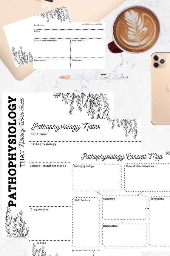 Pathophysiology Edition of That Nursing Worksheet for nursing students includes concept map, full page work sheet, and note card templates