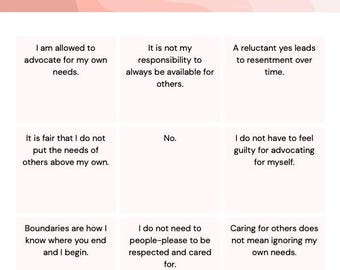 Boundaries affirmation handout, boundaries flash cards