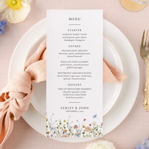 Wildflower Wedding Menu Template, Editable Wedding Menu, Watercolor Flower Dinner Menu, Garden Reception Menu, 4x9 Menu Template, LWP10