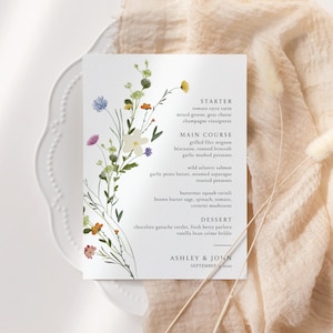 Wildflower Wedding Menu Template, Editable Wedding Menu, Watercolor Flower Dinner Menu, Garden Reception Menu, Floral Dinner Menu, 5x7 Menu