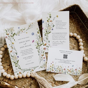 Wildflower Wedding Invitation Template Set, QR Code Reply Card, Boho Wedding Invite, Watercolor Florals Wedding Printable w/ Photo, LWP10