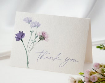 Wildflower Thank You Card, Purple Watercolor Flower Thank You Notecard, Folded Thank You Note, Printable Stationery, Thanks Instant Download