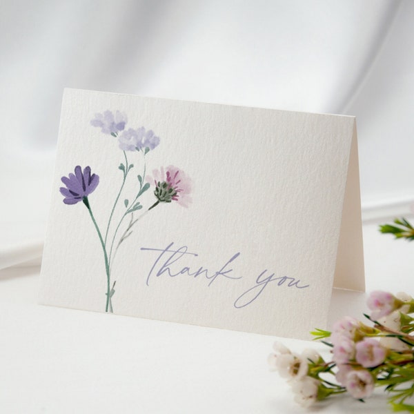 Wildflower Thank You Card, Purple Watercolor Flower Thank You Notecard, Folded Thank You Note, Printable Stationery, Thanks Instant Download