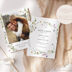 Wildflower Save the Date Template with Photo, Boho Wedding Save the Date Card, Watercolor Floral Save our Date Download, Field Flower, LWP10