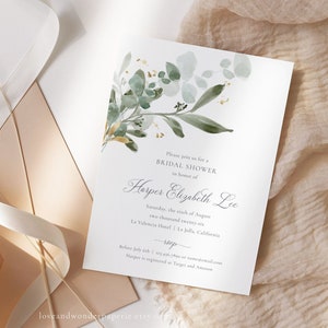 Eucalyptus Bridal Shower Invitation Template, Watercolor Greenery Wedding Shower Invite, Floral Bridal Shower, Instant Download, Editable