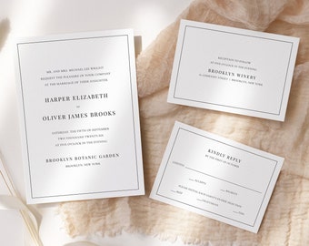 Minimalist Wedding Invitation Template Set, Modern Invitation Suite, Wedding Invite with Reception Card and RSVP, Instant Download, LWP04