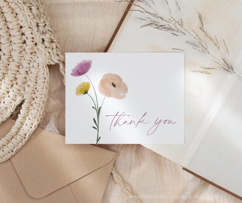 Wildflower Thank You Card Set, Watercolor Flower Thank You Notecard ...