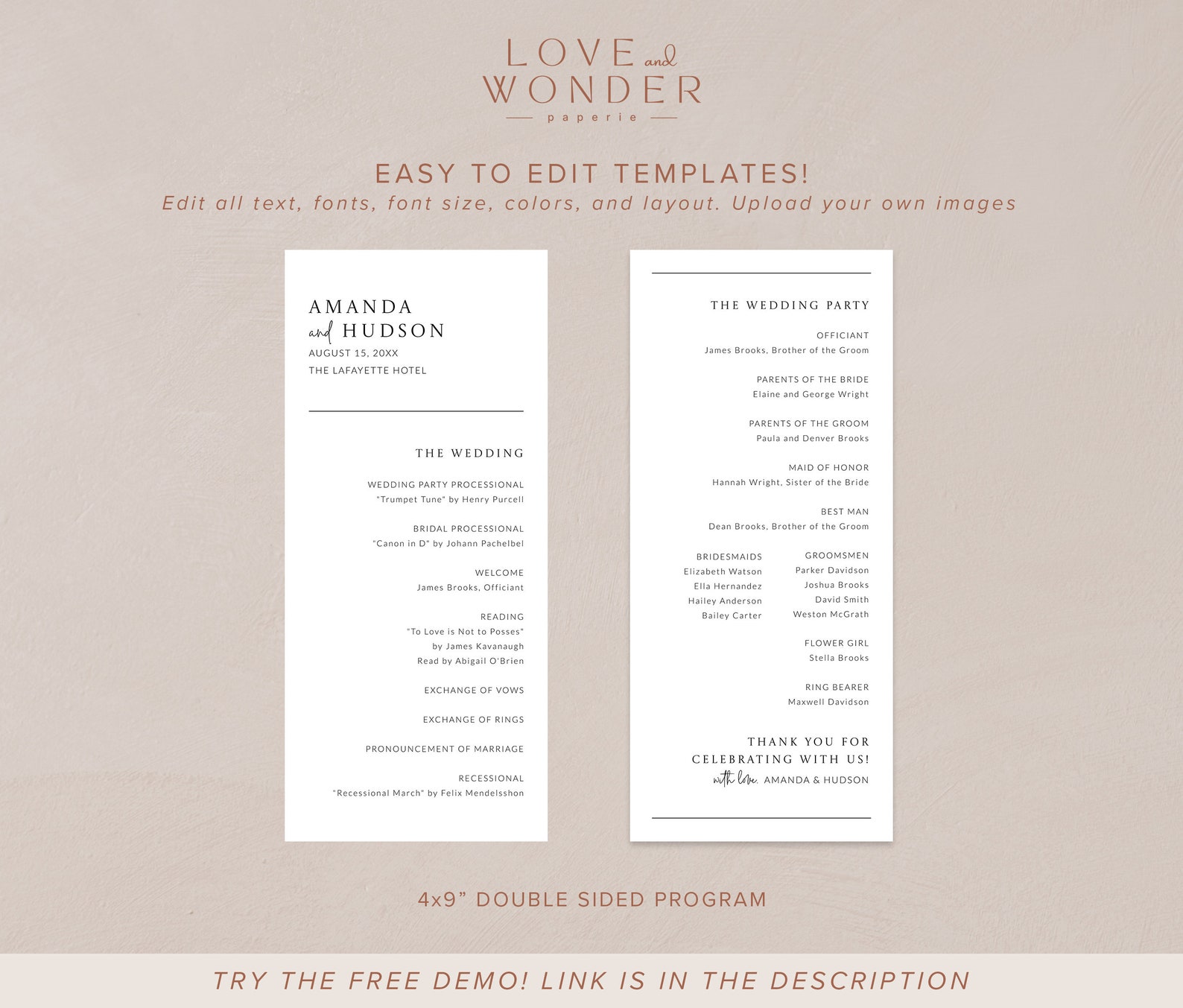 Minimalist Wedding Program Template, Modern Wedding Ceremony Program