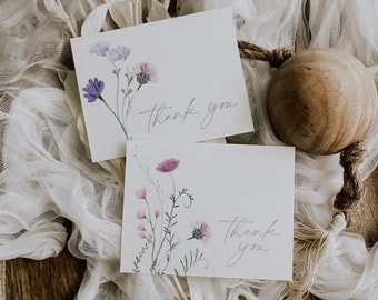 Wildflower Thank You Card Set, Watercolor Flower Thank You Notecard, Folded Thank You Notes, Printable Stationery, Instant Download