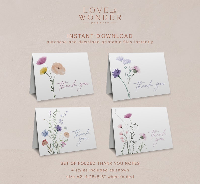 Wildflower Thank You Card Set, Watercolor Flower Thank You Notecard ...