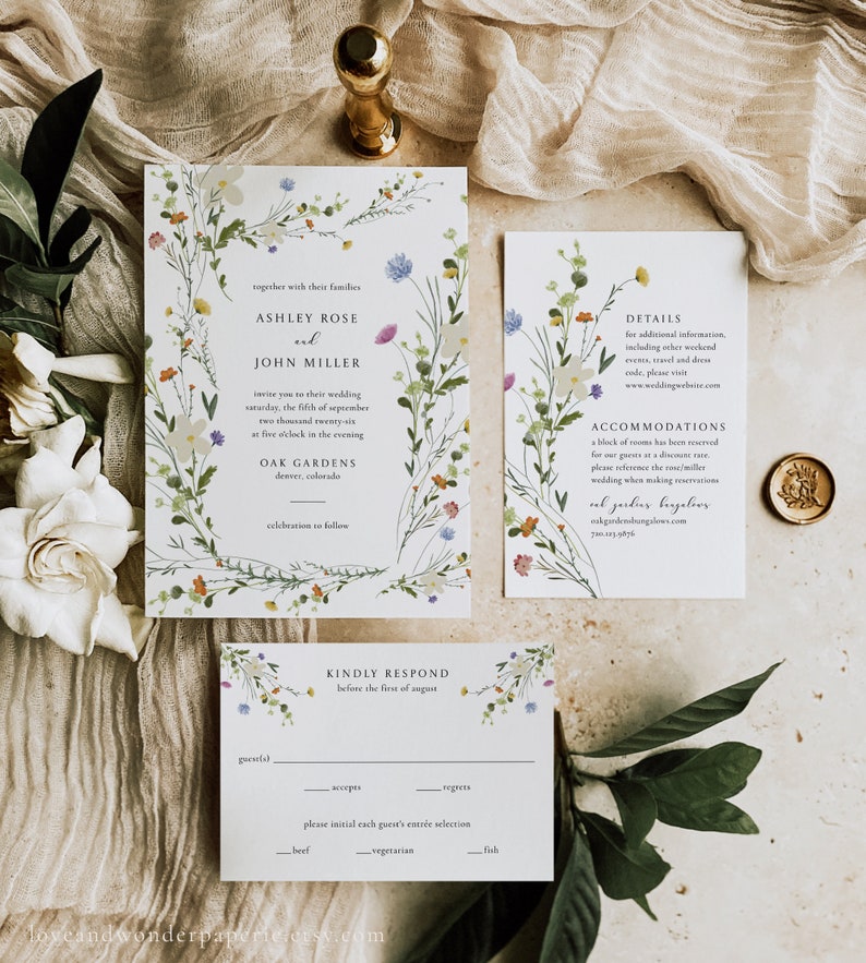 Wildflower Wedding Invitation Bundle, Wild Flower Wedding Invitation Template, Watercolor Flower ...