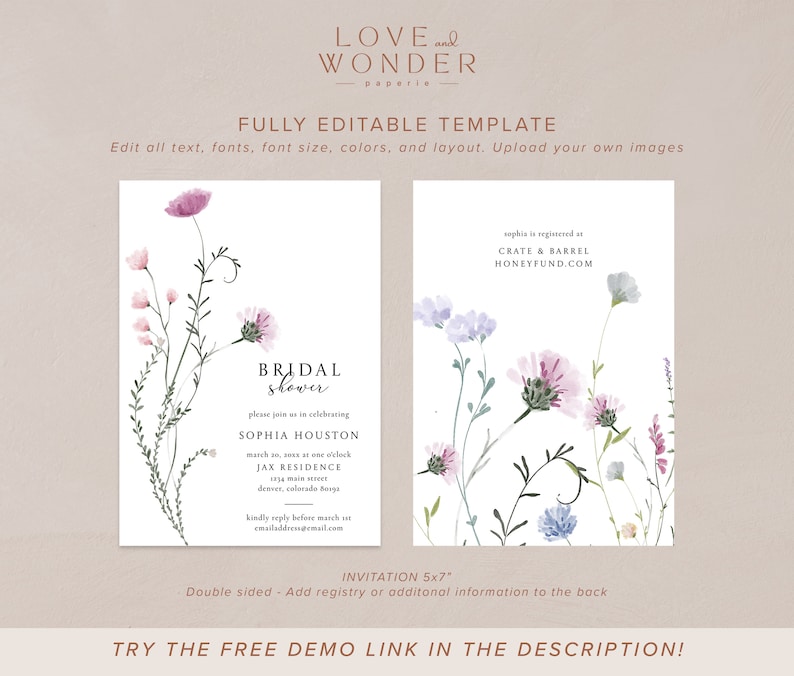 Wildflower Bridal Shower Invitation Template, Wild Flower Wedding ...