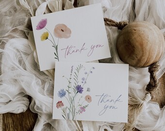 Wildflower Thank You Card Set, Watercolor Flower Thank You Notecard, Folded Thank You Notes, Printable Stationery, Instant Download