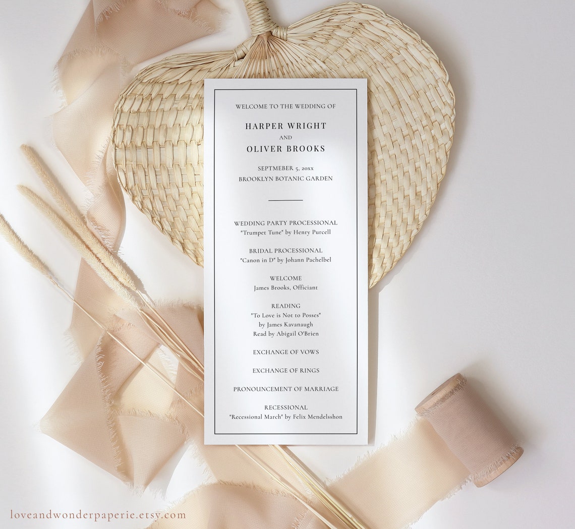 Classic Wedding Program Template, Simple Wedding Ceremony Program Card ...