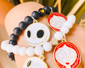 Inspired Jack and Sally Charm Bead Bangle Bracelets
