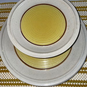 Vintage Sunmark Stoneware in Tapioca. Includes 3 dinner plates, 5 salad plates, and 4 bowls.