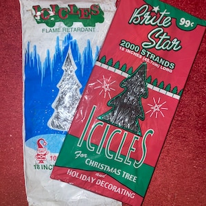 Vintage Icicle Strands for holiday decorating. Two packages totaling 3000 strands. 18 inches long.