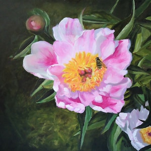 Peinture acrylique pivoine japonaise avec abeille, impression artificielle A4 (21 x 29,7 cm) ou carte A6 (10,5 x 14,8 cm)