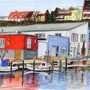 Künstler-Grußkarte mit Aquarell im "Sassnitzer Stadthafen", Kunstdruck