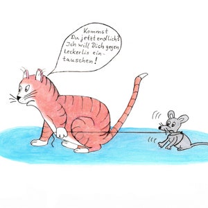 Tarjeta de felicitación del artista con dibujos animados cat "Intercambio de ratón para los dulces"