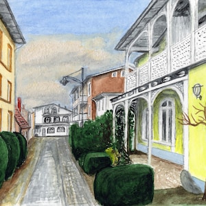 Artist's Greeting Card met Aquarel / Gouache "Bath Architecture in de oude binnenstad van Sassnitz", Art Print