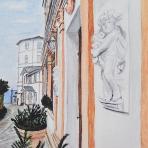 Aquarell: Blick zur Ostsee in der Sassnitzer Altstadt, Kunstdruck A4 (21 x 29,7 cm) oder Künstler-Grusskarte A6 (10,5 x 14,8 cm)