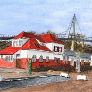 Künstler-Grußkarte mit Aquarell "Alter Hafenbahnhof und neue Hängebrücke im Sassnitzer Stadthafen", Kunstdruck