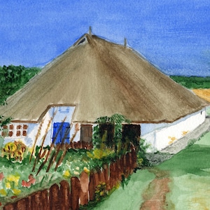 Tarjeta de felicitación del artista con acuarela "Pfarrwitwenhaus in Groo Zicker en la isla de Ragen", Impresión de arte