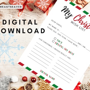 Brief an den Weihnachtsmann | Weihnachten Printable für Kinder | Weihnachtswunschliste | Rot und Grün Streifen, INSTANT DOWNLOAD