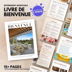May include: A digital welcome book with the text "LIVRE DE BIENVENUE" and "BIENVENUE" in large, bold fonts. The book features a photo of an outdoor patio. Additional pages with text and images are scattered around the book.