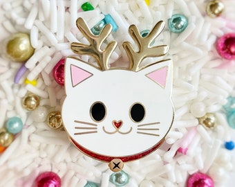 Reindeer Cat Gold Enamel Pin: Festive Holiday Brooch