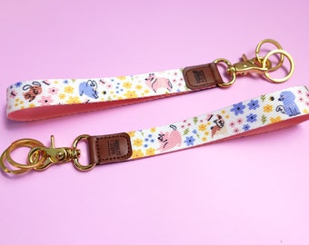 Floral Dog Print Wristlet Lanyard // Keychain, gold, gift for dog lover