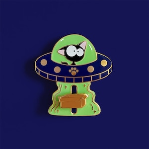 Unidentified Feline Object Sliding Gold Enamel Pin // Slider, interactive, UFO cat, glow in the dark, cute, kawaii, funny, gift, lapel