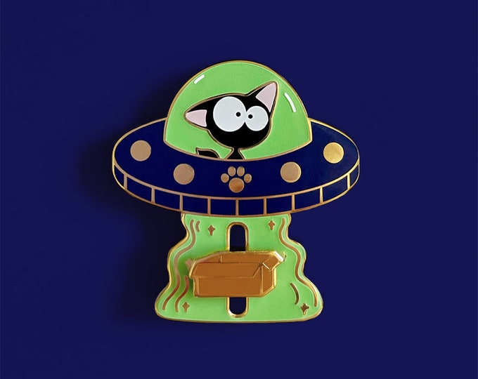 Broche en émail coulissante pour objet félin non identifié // Slider, interactif, chat OVNI, phosphorescent, mignon, kawaii, drôle, cadeau, revers