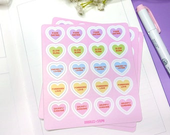 Vinylstickers Romance Tropes: Candy Heart Reading-dagboekplannerstickers