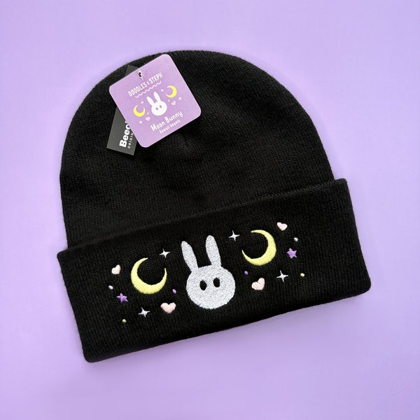 Moon Bunny Kawaii Black Beanie // magical girl, fashion accessory, double layer knit hat, winter, ribbed