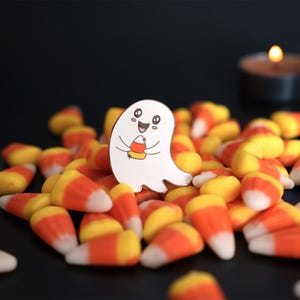 Glow in the Dark Ghost Enamel Pin: Candy Corn Halloween Kawaii
