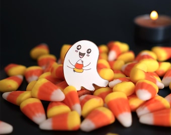 Glow in the Dark Ghost Enamel Pin: Candy Corn Halloween Kawaii