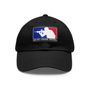 May include: Black baseball cap with a curved brim. The cap features a patch with a silhouette of a person aiming a rifle, set against a red, white, and blue background. The text "MAJOR LEAGUE INFIDEL" is below the graphic.