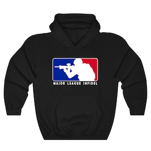May include: Black hooded sweatshirt with a white silhouette of a person holding a rifle in a blue, red, and white baseball logo. The text "MAJOR LEAGUE INFIDEL" is below the logo.