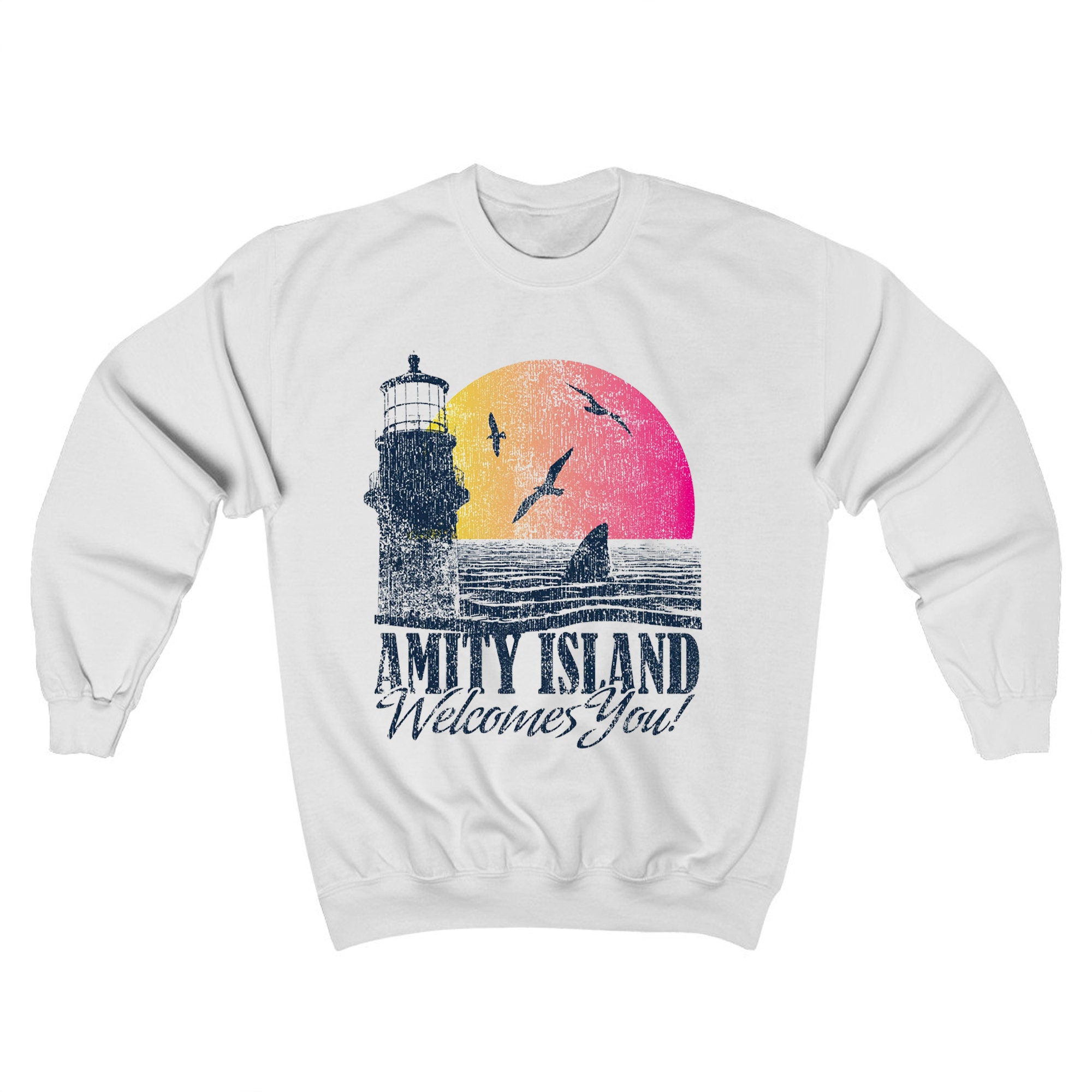 Amity Island Welcomes You Jaws Movie Men's White Sweatshirt Size S to 3XL